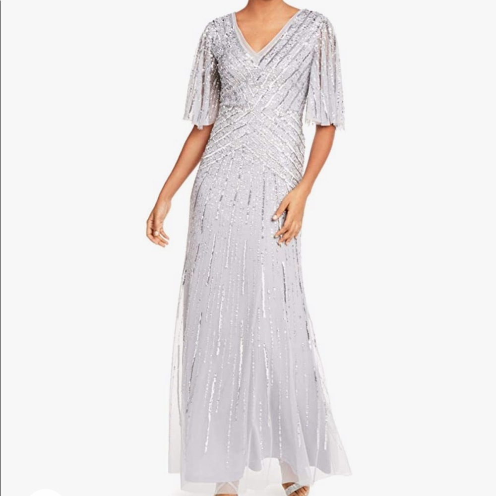 Adrianna Papell Flutter Sleeve Beaded Gown